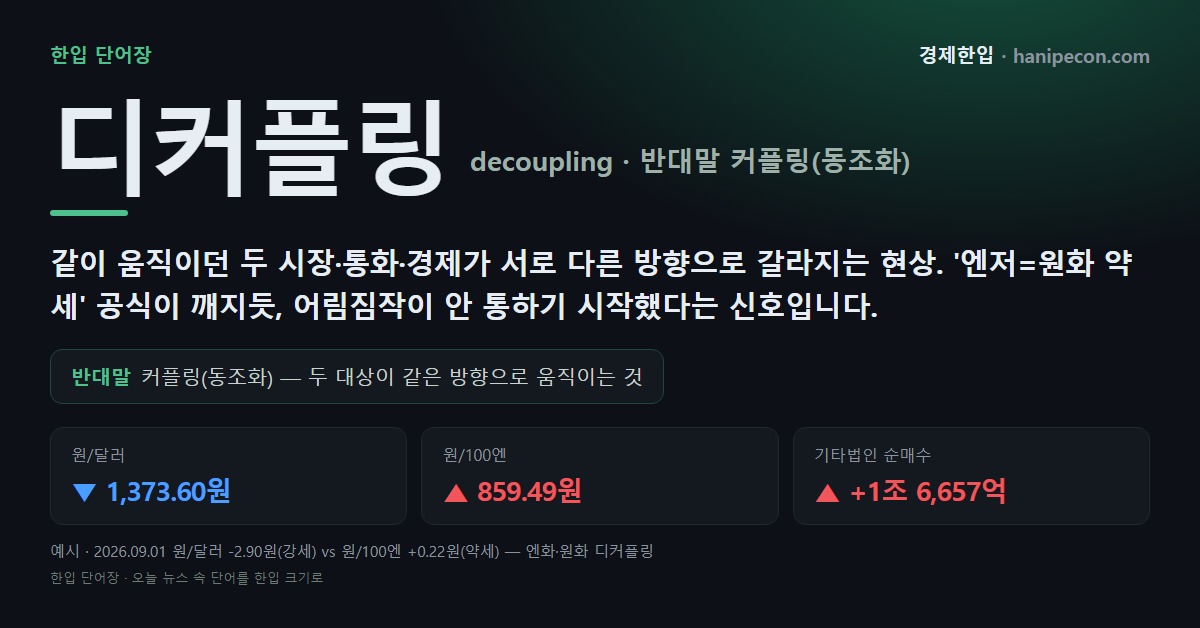한입 단어장 카드 — 디커플링(decoupling): 같이 움직이던 두 시장이 서로 다른 방향으로 갈라지는 현상. 반대말 커플링(동조화)